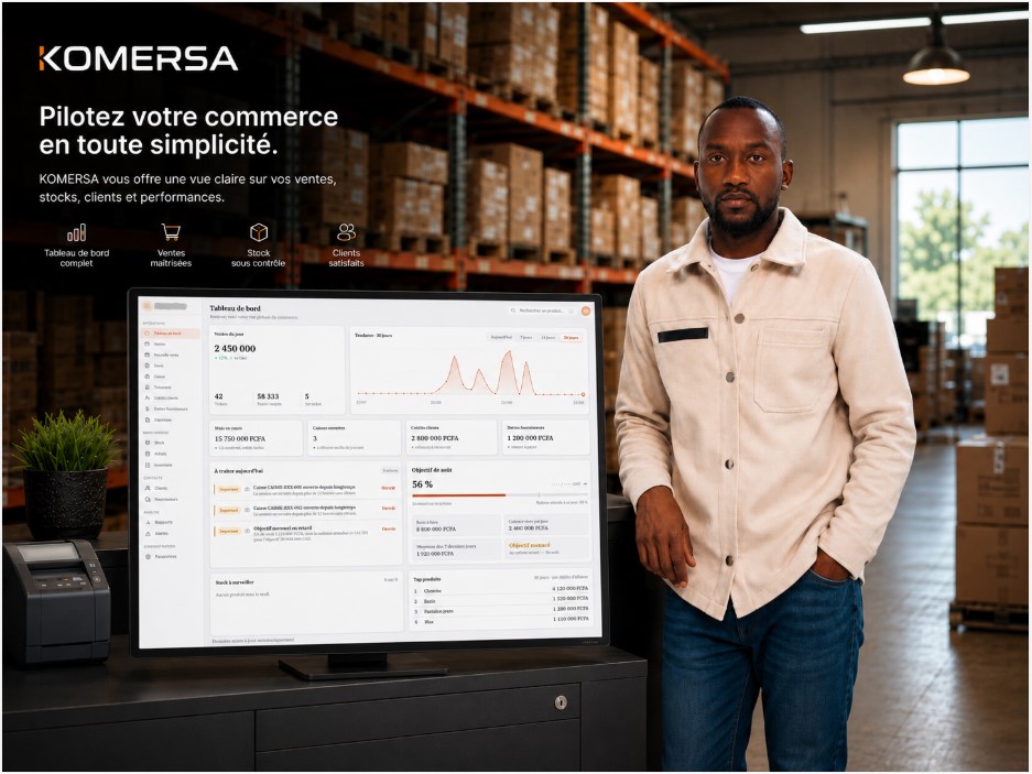 Une commerçante utilise KOMERSA à son comptoir, tableau de bord affiché à l'écran